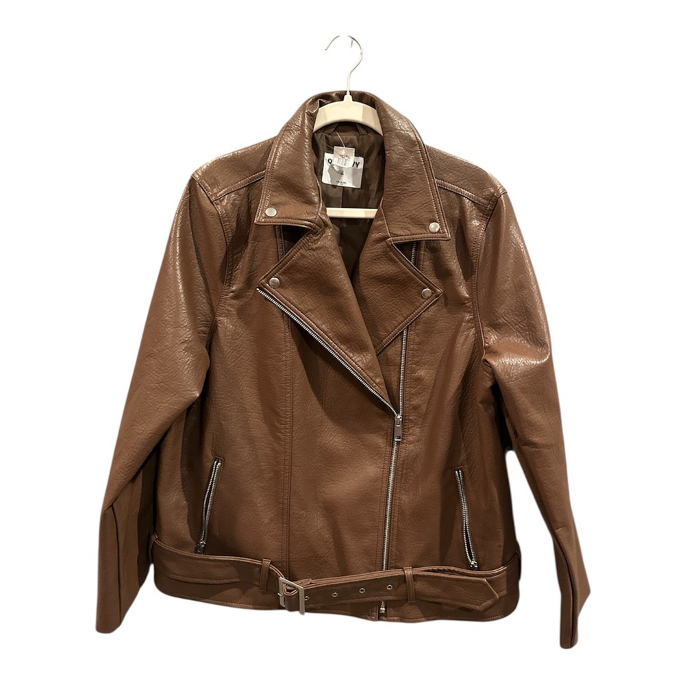 Old Navy Espresso Faux Leather Belted Biker Jacket XL - Picture 3 of 13